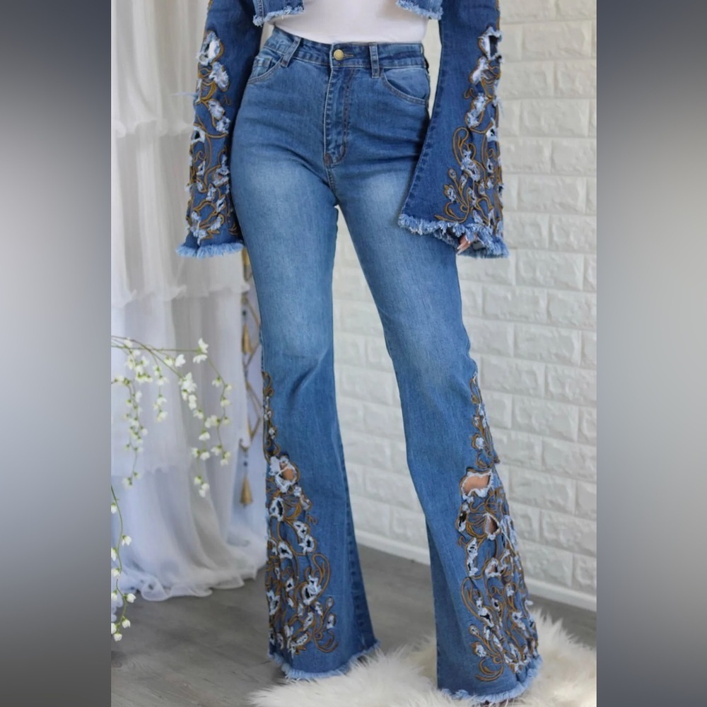Embroidered Blue Flare Jeans